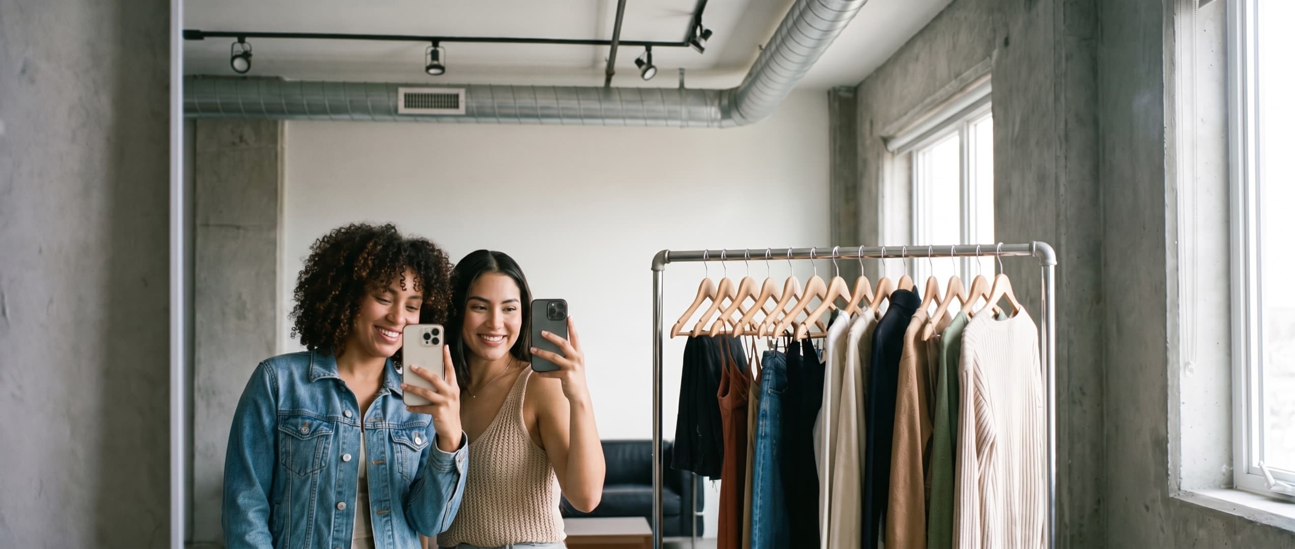 Dos mujeres se toman selfies junto a un perchero con ropa